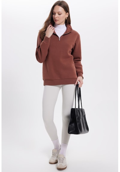 Tudors Kadın Relax Fit Rahat Kesim Pamuklu İçi Polarlı Yarım Fermuarlı Kahverengi Dik Yaka Sweatshirt-42194 Kahverengi1