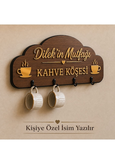 İsme Özel Ahşap Mutfak Kahve Köşesi Tabela Duvar Dekor Askılık Seti - Gold Pleksi Yazılı Fıncan Kupa Askısı, 4 Lü Fıncan Altlığı Ve Damlalık -