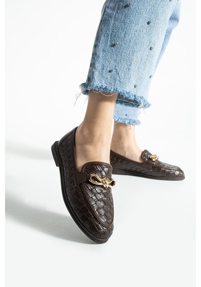 Lebibe Shoes Maby Kadın Acı Kahve Örgü Dokulu Zincir Detaylı Loafer Düz Ayakkabı Babet Acı Kahverengi