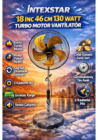 İntexstar 18 İnç 46 Cm Süper Sessiz Bakır Sargılı Turbo Motor 5 Çelik Kanatlı 130watt Vantilatör Pervane Soğutucu