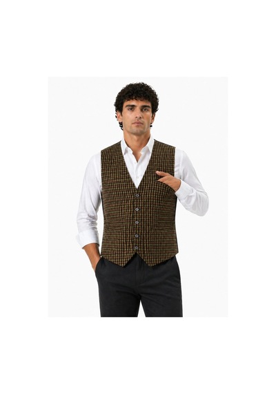 Ertaştrendstore Erkek Dokuma Yelek 5 Cepli 4 Dış 1 İç Cep Düğmeli Günlük Klasik Yelek - Kahverengi Çoklu Renk