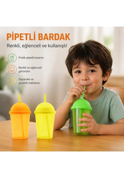 Bardak Kapaklı Kubbe Tasarım Şık Ergonomik Dayanıklı Şeffaf Renkli Plastik Pipetli Bardak 450 Ml