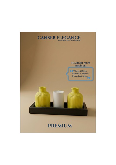 Premium - Limon Sarısı - Dörtlü Dekoratif Vazo Ve Mumluk Set - El İşçiliği Boyama