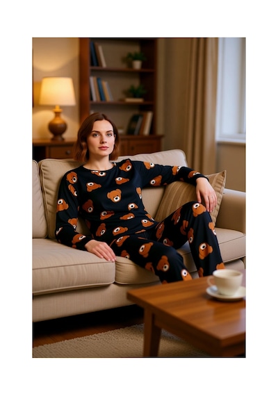 Ersefa Kadın Ayıcık Desenli Pijama Takımı Bisiklet Yaka Fonksiyonel Daya Siyah