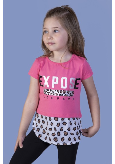 Toontoy Kids Toontoy Kız Çocuk Leopar Desenli Poplin Detaylı Tişört Kırmızı