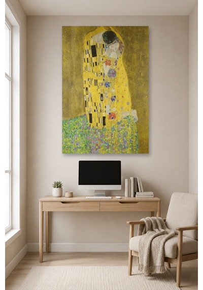 Tam Renk Tekli Gustav Klimt Öpücük The Kiss Dekoratif Kanvas Duvar Tablosu Çok Renkli