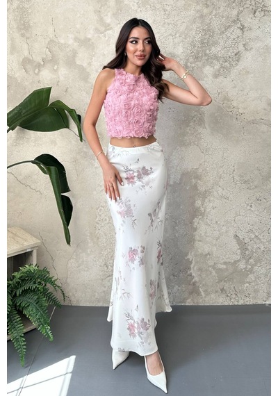 Alemdarshop Ekru Saten Soft Çiçekli Etek