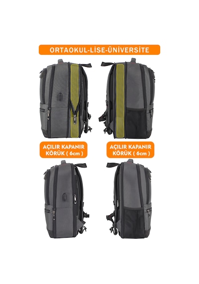 Körüklü Gri Okul Sırt Çantası Lise Üniversite Unisex Su Geçirmez Kumaş 14"-15,6" İnç Gri