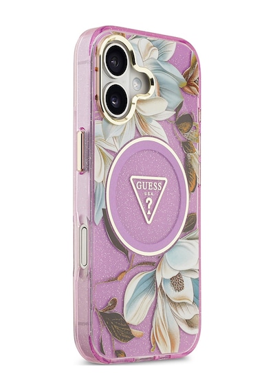 Apple Uyumlu iPhone 17 Kılıf Guess Lisanslı M-safeli Simli Çiçek Desenli Metal Kamera Çerçeveli Üçgen Logolu Mor Mor