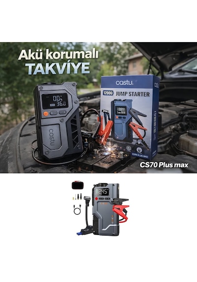 Castu Cs70 Plus 12000mah Akü Takviye Cihazı 4ü 1 Arada Jump Starter Kompresör Powerbank 150 Psı
