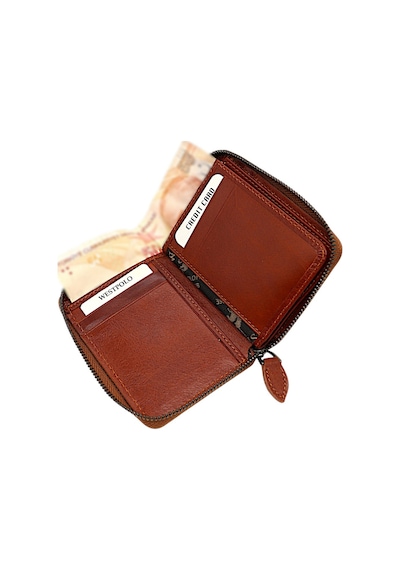 Westpolo Hakiki Deri Kağıt Para Ve Bol Kart Bölmeli Fermuarlı Unisex Cüzdan - 1695cc Taba