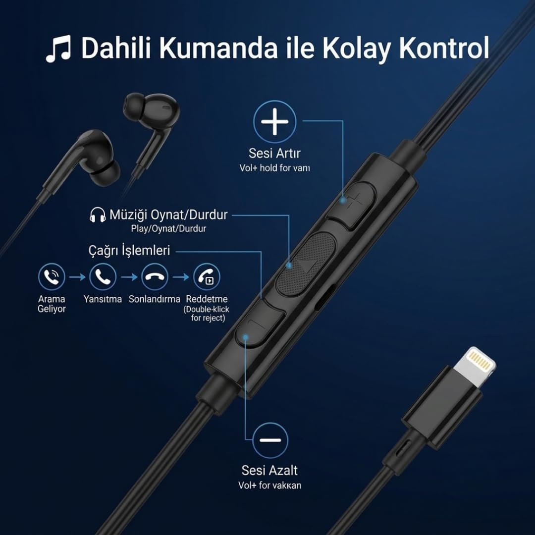 Dijital Mikrofonlu Kablolu Kulaklık Lightning Bağlantılı İphone & İpad Uyumlu Stereo Kulakiçi Kulaklık