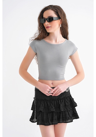 Mixray 2009 Kadın Vücuda Oturan Basic Crop T-shirt Gri Mixray 2009 Kadın Vücuda Oturan Basic Crop T-shirt Gri