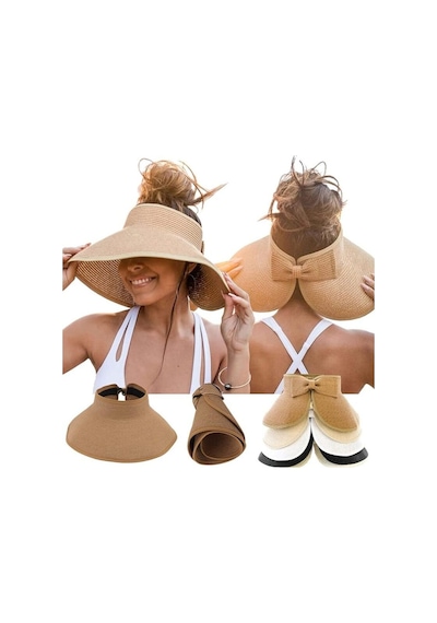 Shopiolog Kadın Geniş Siperli Uv Korumalı Fiyonklu Hasır Vizör Şapka Camel
