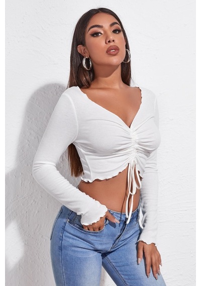 Beru Kadın Beyaz Uzun Kollu Büzdürme Bağcık Detaylı Crop Top Bluz L - XL