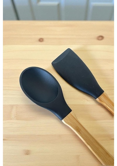 Silikon 2 Parça Kaşık Spatula Set Büyük Boy 28cm Siyah Genel