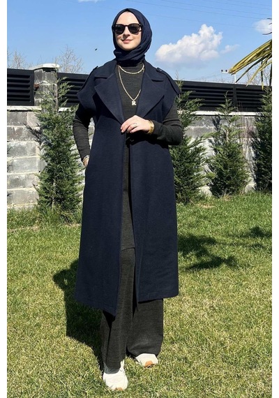 Rabia Şamlı Apoletli Lacivert Yelek Normal