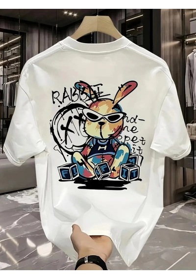 Defymoda Baskılı Oversize Bisiklet Yaka T-shirt - Beyaz