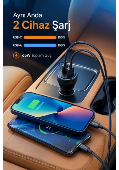 Kensa 65w Çift Portlu Hızlı Araç Şarj Aleti + Type-c To Lightning Şarj Kablosu Seti 65w Araç Şarj