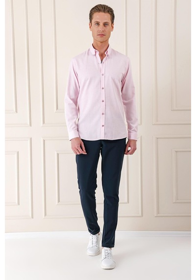 Efor Slim Fit Düğmeli Yaka Dokulu %100 Pamuk Klasik Pudra Gömlek Gk 724 Pudra