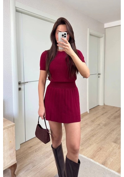 Kadın Kısa Kollu Bluz Mini Etekli İkili Takım Triko - Bordo