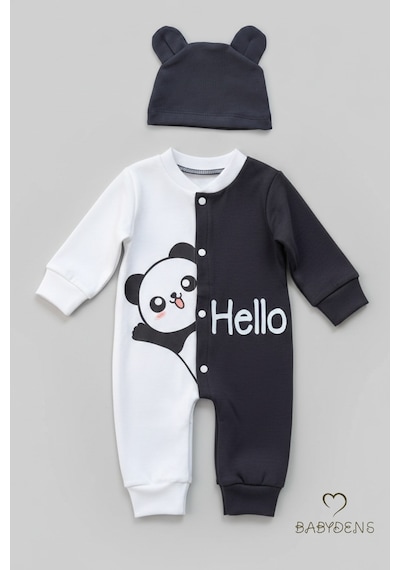 Babyden's Panda Baskılı Bebek Tulum & Şapka Seti,unisex Çıtçıtlı Uzun Kollu Yenidoğan Tulumu ,%100pamuk Antrasit - Beyaz