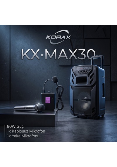 Korax Kx-max30 Plus Taşınabilir Bluetooth Hoparlör - 80w Telsiz El + Kablosuz Yaka Mikrofonlu Karaoke & Pa Sistemi, Tekerlekli