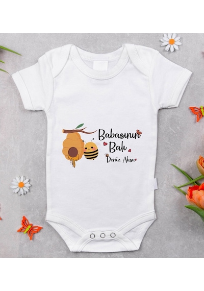 Bitmeyenkartus Bk Kids Isimli Babasının Balı Tasarımlı Bebek Body Zıbın - Model Beyaz