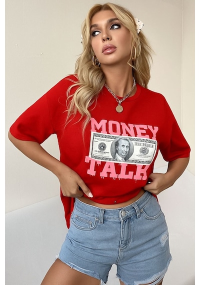 Money Talk Baskılı Unisex Tişört Kirmizi