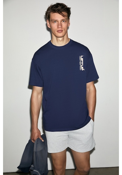 Grımelange Antonıo Erkek Baskı Detaylı %100 Organik Pamuk 3 İplik Örme Oversize Lacivert T-shirt
