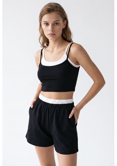 Mixray 2151 Kadın Biye Detaylı Askılı Crop Top Şort Takım Siyah