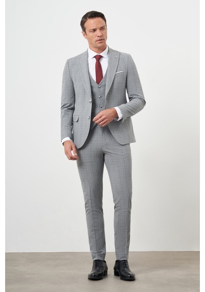 Morven Erkek Gri Poliviskon Trend Yelekli Ekoseli Slim Fit Sivri Yaka Takım Elbise Gri