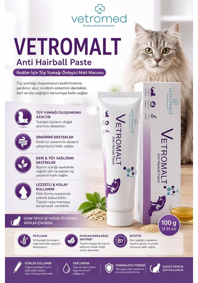 Professional Solutions Vetromalt Anti Hairball Paste Kediler İçin Tüy Yumağı Önleyici Malt Macunu 100 Ml