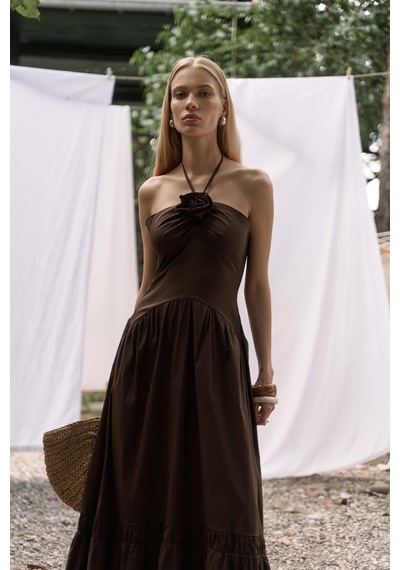 Mai Collection Mai Studios Co. Elisa Gül Detay Koyu Kahve Uzun Elbise