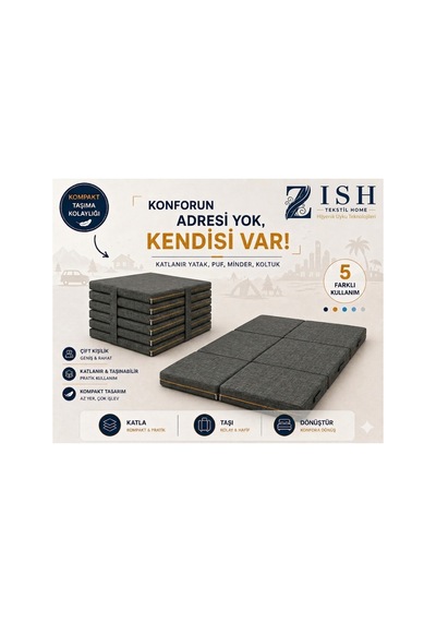 Zishome Tek Kişilik Multipurpose 5 İn 1 Antrasit Çift Kişilik Katlanır Süngerli Misafir Yer Yatağı Ve Balkon Minderi 7cm