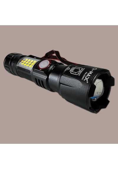Q-max Ps-2306c Ultra Usb Şarjlı Polis El Feneri, Bekçi, Asker El Feneri Kırmızı Mavi Çakarlı 1000 Lümen Siyah