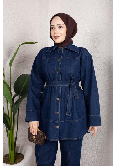 Misskayle Kuşaklı Düğmeli Denim Takım Rahat Kesim İkili Kombin Koyu Mavi Koyu