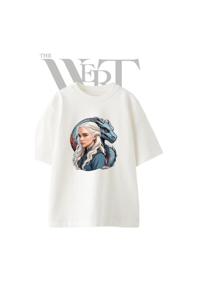 Thewert Daenerys Targaryen Tasarım Baskılı Ünisex Beyaz Oversize T-shirt