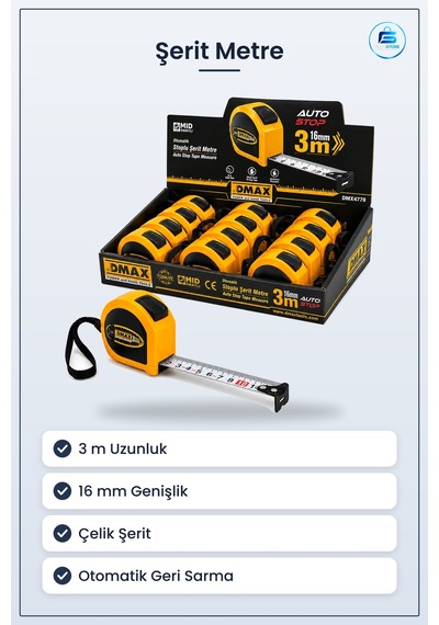 Şerit Metre 3 M X 16 Mm Çelik Otomatik Stoplu Ölçüm Aleti Kompakt