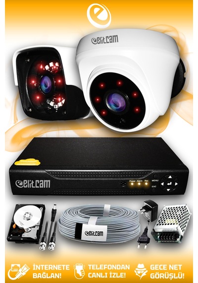 Elitcam 2 Kameralı Panda 1 İç Kamera Set 320 GB HDD Full HD Gece Görüşlü Güvenlik Kamerası Sistemi