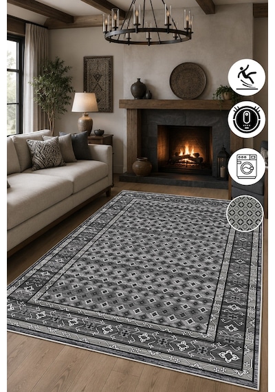 Kilim Desen Baskılı Kaymaz Yıkanabilir Salon Oturma Odası Mutfak Balkon Halısı Yolluk Siyah