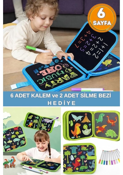 Silinebilir Doodle Çizim Defteri, Dinozor Temalı, 6 Sayfa, 6 Kalem Ve 2 Silme Bezi Dahil, Taşın
