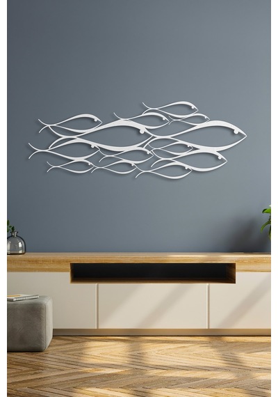 School Of Fish Metal Duvar Dekorasyonu - Beyaz - 150 X 53 Cm