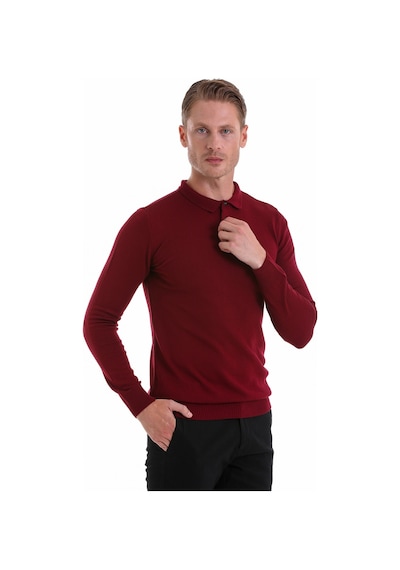 Hatemoğlu Tüylenme Yapmayan Yünlü Regular Fit Polo Yaka Bordo Kazak