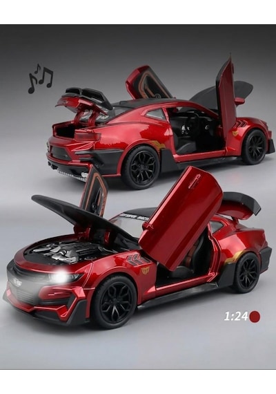 Işıklı Sesli Pilli 1:24 Ölçekli Metal Chevrolet Camaro Kapısı Kaputu Ve Bagajı Açılan Model Araba Kırmızı