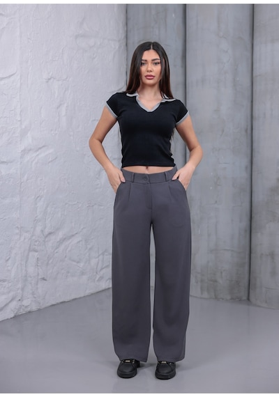 Myrab Denim Kadın Siyah Yüksek Bel Palazzo Pantolon Geniş Paça Krep Kumaş Rahat Kalıp Günlük Şık Pantolon Gri