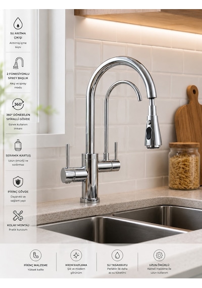 Arıtmalı Spiralli Mutfak Eviye Bataryası Çift Çıkışlı Krom Mutfak Musluğu Inox
