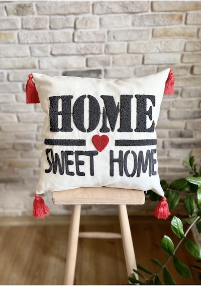 Swita Home Punch İşlemeli Tekli Dekoratif Home Sweet Home Kırlent Kılıfı Panç Kırmızı