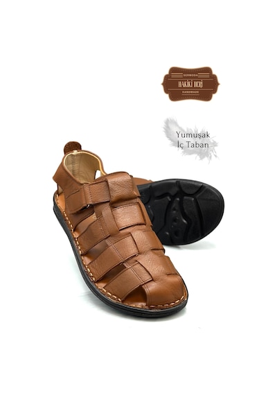 Sermoda Hakiki Deri Burnu Kapalı Erkek Sandalet Taba