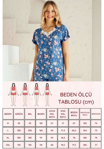 Alimer Kadın İndigo Dantelli V Yaka Bermuda Pijama Takım Edy2735i İndigo